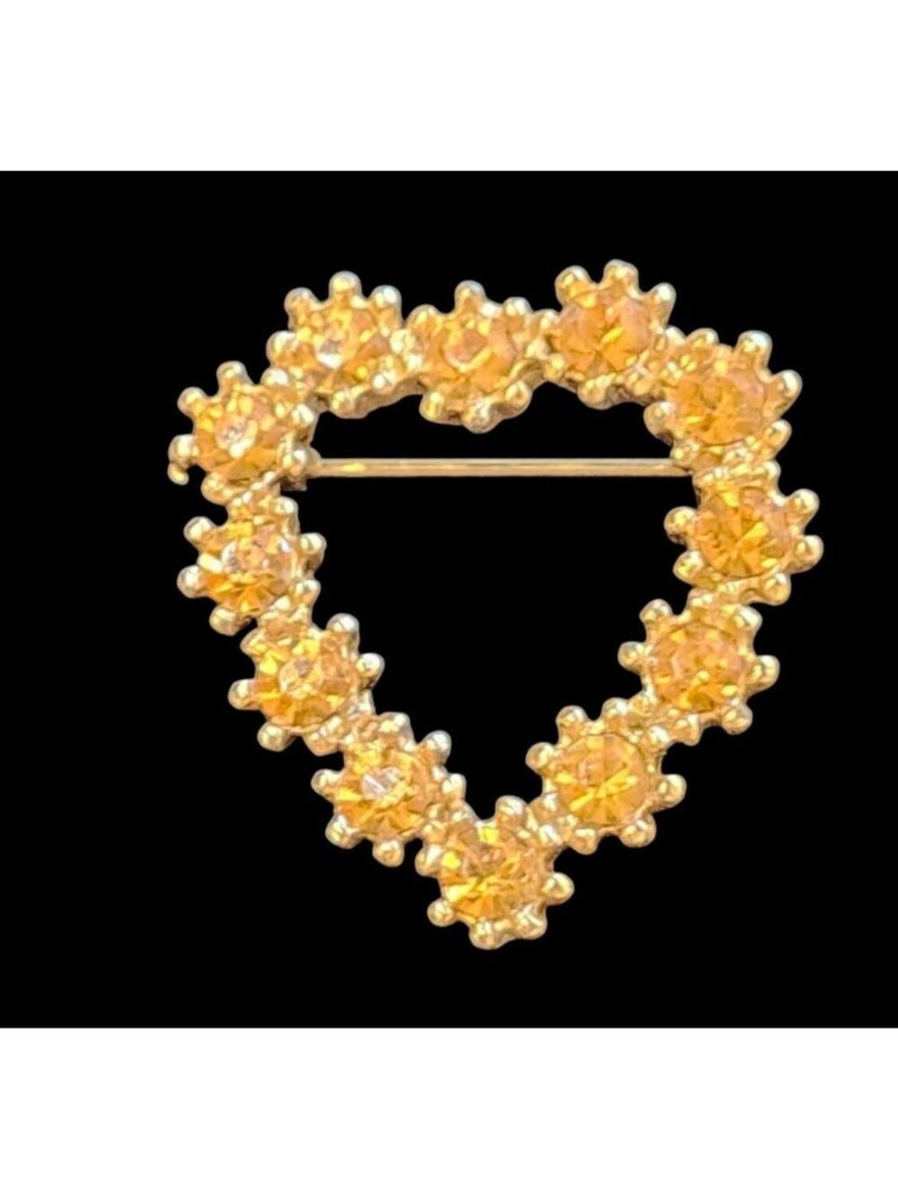 Vintage Gold Tone Heart Brooch Amber Rhinestones Elegant Filigree MCM Autumn Je
